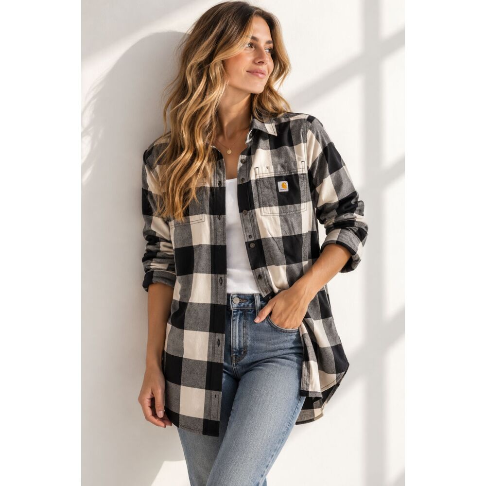 Carhartt Rugged Flex Women’s L Black White Buffalo Plaid Flannel Tunic Shirt